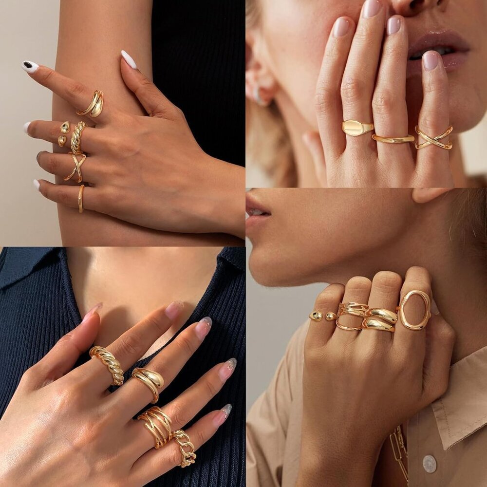 Gold Ring Set 16 Pcs Adjustable Chunky Dome Stackable Jewelry for Women - Picture 4 of 9